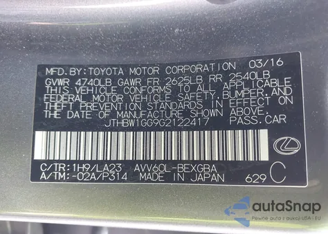 2016 Lexus Es 300H из США, поврежденный, VIN JTHBW1GG9G2122417